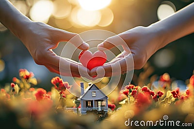 Home sweet home concept. Dream housing. Real estate. Two hands holding a red heart over a miniature house outdoors on a sunny Stock Photo