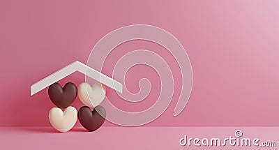 Home sweet home design of chocolate hearts in house on pink paper background with copy space 3d render Stock Photo