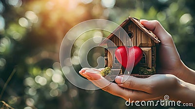 Home sweet home concept. Dream housing. Real estate. Hands holding miniature house with a red heart outdoors on a sunny summer day Stock Photo