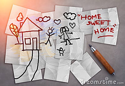 Home sweet home house drawing with paper note Stock Photo