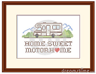 Home Sweet Motorhome, Cross Stitch Embroidery, Class C Model Vector Illustration