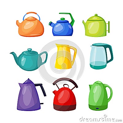 Home teapots made of porcelain, electric, whistling, insulated on a white background. Vector Vector Illustration