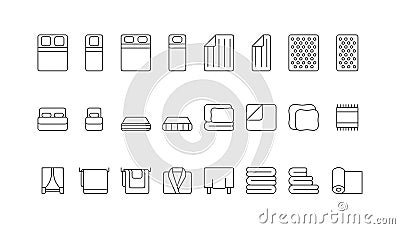 Home textile and bedroom line icon set. Single and double bed, cushion, blanket, pillow, mattress, linen, towel, curtain Stock Photo