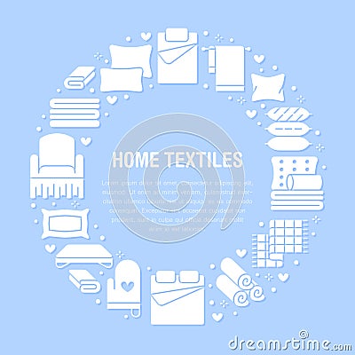 Home textiles circle template with flat glyph icons. Bedding, bedroom linen, pillows, sheets set, blanket and duvet Vector Illustration