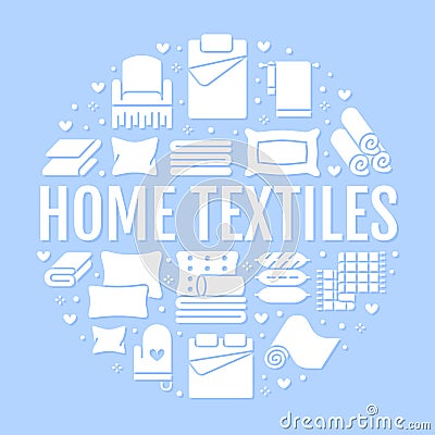 Home textiles circle template with flat glyph icons. Bedding, bedroom linen, pillows, sheets set, blanket and duvet Vector Illustration