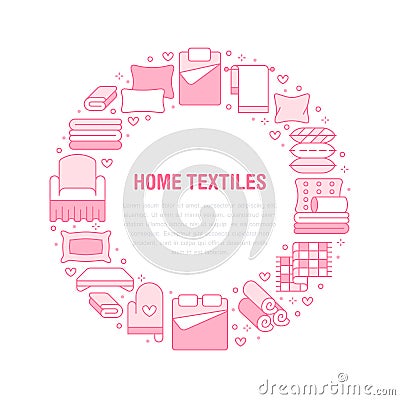 Home textiles circle template with flat line icons. Bedding, bedroom linen, pillows, sheets set, blanket and duvet Vector Illustration