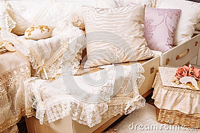 Home textiles. Various pillows and bedspreads Stock Photo