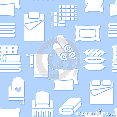 Home textiles seamless pattern with flat glyph icons. Bedding, bedroom linen, pillows, sheets set, blanket and duvet Vector Illustration