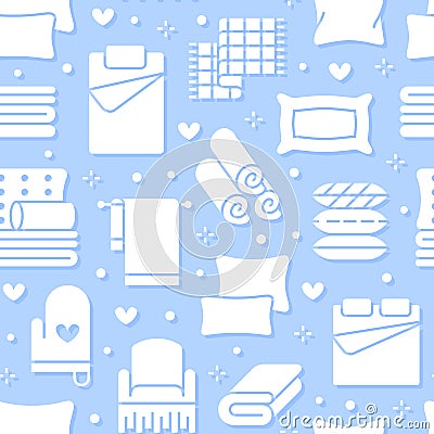 Home textiles seamless pattern with flat glyph icons. Bedding, bedroom linen, pillows, sheets set, blanket and duvet Vector Illustration