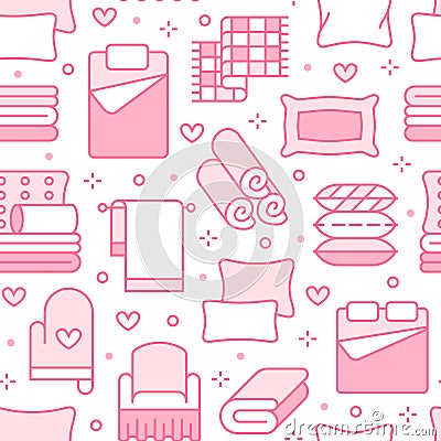 Home textiles seamless pattern with flat line icons. Bedding, bedroom linen, pillows, sheets set, blanket and duvet thin Vector Illustration