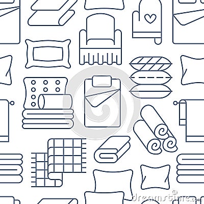 Home textiles seamless pattern with flat line icons. Bedding, bedroom linen, pillows, sheets set, blanket and duvet thin Vector Illustration