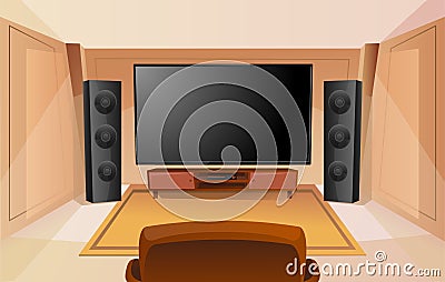 Home theater in cartoon style with big TV. Room with sofa. Modern interior. Acoustic stereo sound Stock Photo