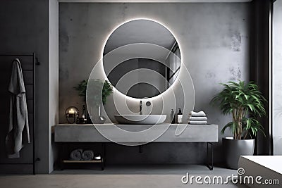 room luxury sink bathroom home gray interior design mirror concrete illumination. Generative AI. Stock Photo