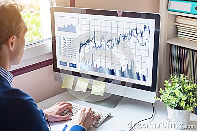 Home trader analyzing forex trading charts on computer screen investment Stock Photo