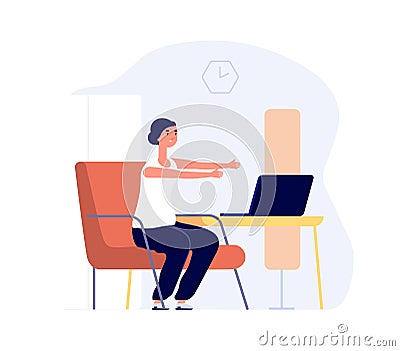 Home training. Woman work with laptop, office syndrome preparation. Girl stretching vector concept Vector Illustration