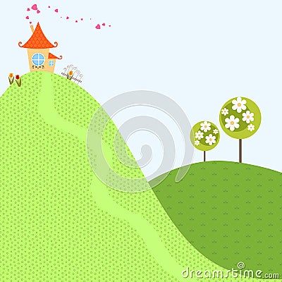 Home Tree Spring Background Sky House Hill Garden Flower Lovely Village Country Vector Illustration Vector Illustration