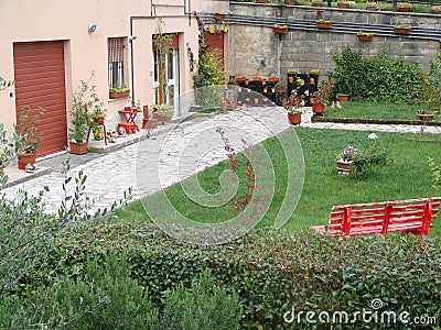 Home various flowers in pots. Design Italian courtyards Stock Photo