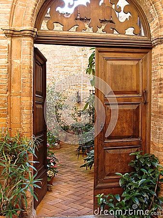 Home various flowers in pots. Design Italian courtyards Stock Photo