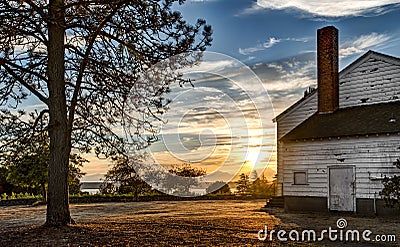 Historical Military Barracks at Sunset in Discovery Park, Seattle, Washington Stock Photo