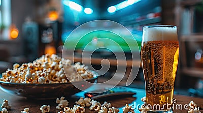 Home viewing of football match with beer, popcorn and remote control on table in front of modern TV and American football stadium Stock Photo