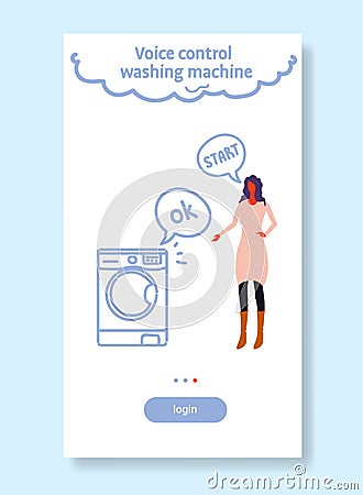 Home washing machine controlled by woman smart tech recognizes commands voice control concept sketch flow style vertical Vector Illustration