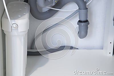 Home water filters. 3-stage water treatment system Stock Photo