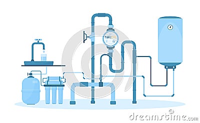 Home water supply system, abstract purification filter and pipes, water meter and boiler Vector Illustration