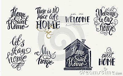 Home and welcome decor quotes signs set isolated on white background. Hand-lettering, rustic signs Vector Illustration