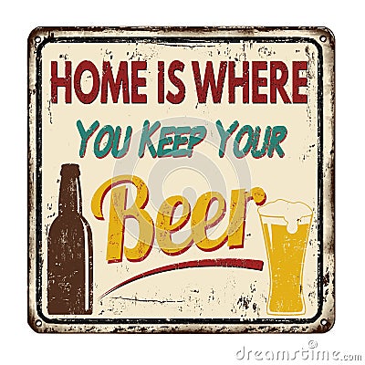 Home is where you keep your beer vintage metal sign Vector Illustration