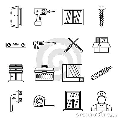 Home window installation icons set, outline style Vector Illustration