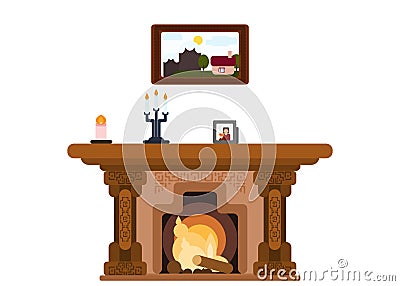 Home wooden fireplace. flat style illustration Cartoon Illustration
