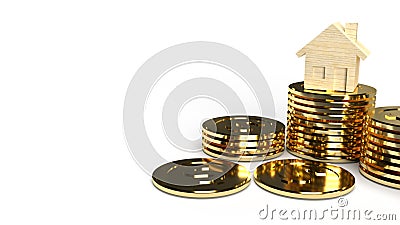 The home wooden gold coins group 3d rendering on white background for property content Stock Photo