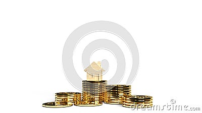 The home wooden gold coins group 3d rendering on white background for property content Stock Photo