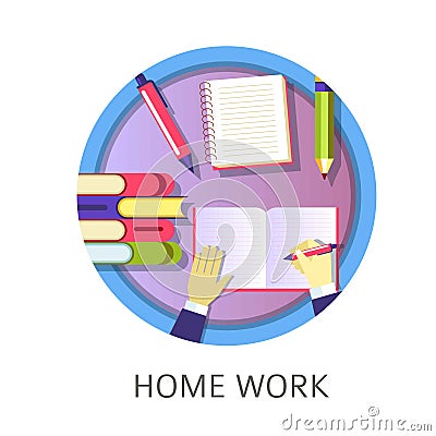 Home work student writing in textbook, studying from books Vector Illustration