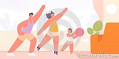 Home workout. Healthy exercising, family stretching. Parents and child fitness training, doing morning exercises. Sport Vector Illustration