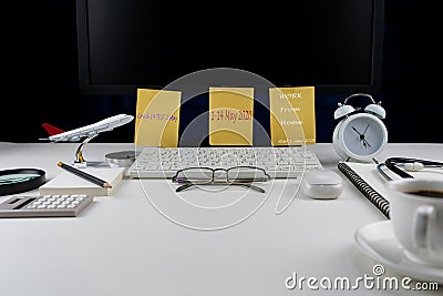 Home workplace with Desktop computer and business objects, Work from home concept The office is Quarantined covid-19 coronavirus Stock Photo