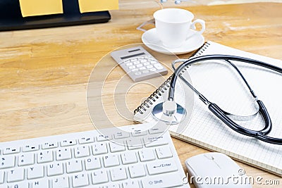 Home workplace with Desktop computer and business objects, Work from home concept The office is Quarantined covid-19 coronavirus Stock Photo