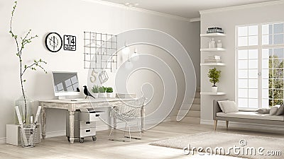 Home workplace, scandinavian white room, corner office, classic Stock Photo