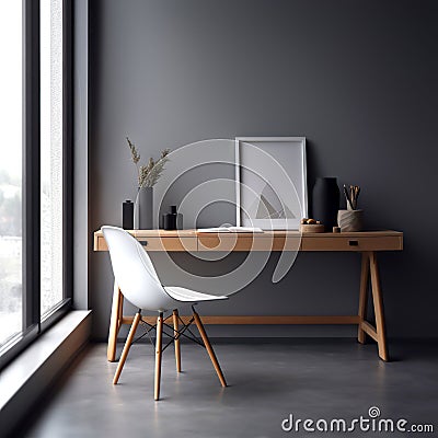 Home workplace with wooden drawer wring desk and white chair against window near grey wall. Interior design of modern scandinavian Stock Photo