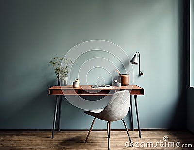 Home workplace with wooden drawer writing desk and grey fabric chair near turquoise wall with copy space. Interior design of Stock Photo