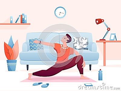 Home yoga practice flat vector illustration, cartoon happy man character practicing yogi asana exercises in home living Vector Illustration