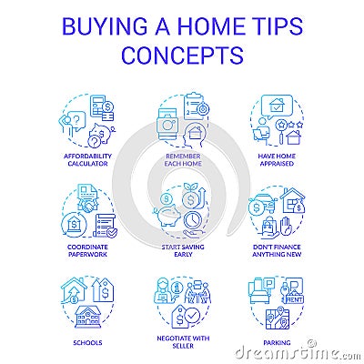 Homebuying tips blue gradient concept icons set Vector Illustration