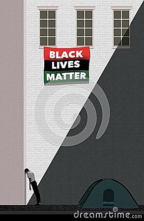 A homeless African American man leans in despair against a wall in an urban alley. A Black Lives Matter banner waves from windows Cartoon Illustration