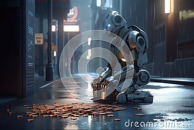 A homeless AI robot sitting on a street corner begging for a few coins created with generative AI technology Stock Photo