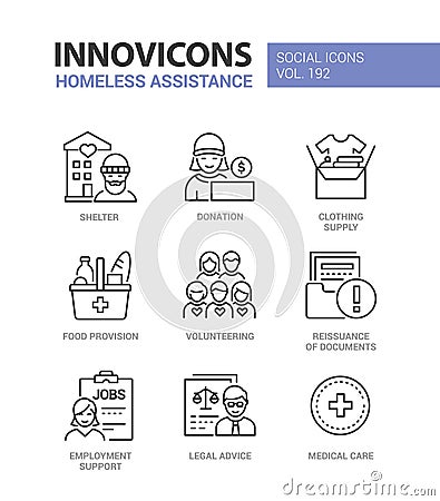 Homeless assistance and care - line design style icons set Vector Illustration
