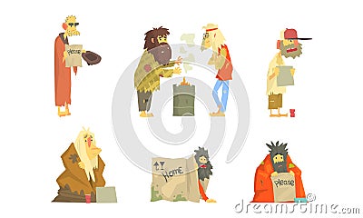 Homeless Bearded Man Characters in Rags Living on the Streets Looking Shabby and Hungry Vector Set Vector Illustration