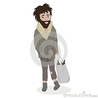 Homeless. Bearded Man in dirty rags. Vector Illustration. Vector Illustration