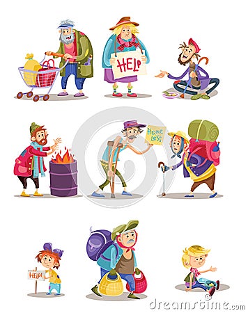 Homeless and beggars people vector cartoon illustration of woman, man and child begging for money and food Vector Illustration