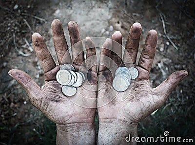 Homeless begging hand of man with money Stock Photo