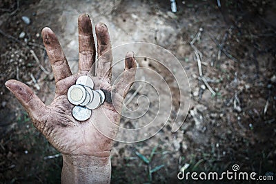 Homeless begging hand of man with money Stock Photo